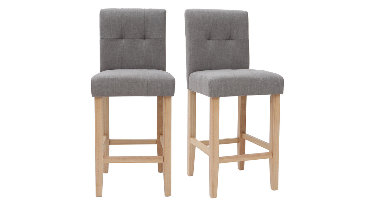 Sgabello da bar design capitonato grigio chiaro e legno 65cm set di 2 ESTER