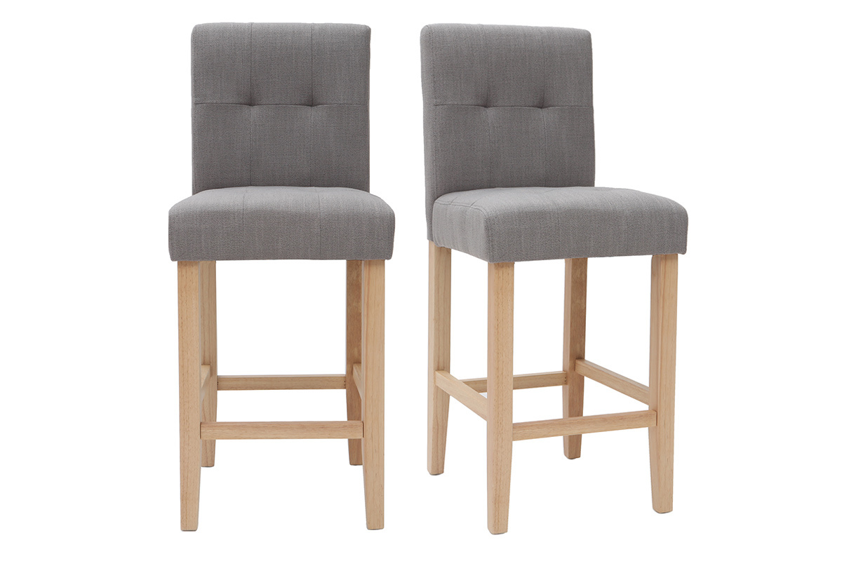 Sgabello da bar design capitonato grigio chiaro e legno 65cm set di 2 ESTER