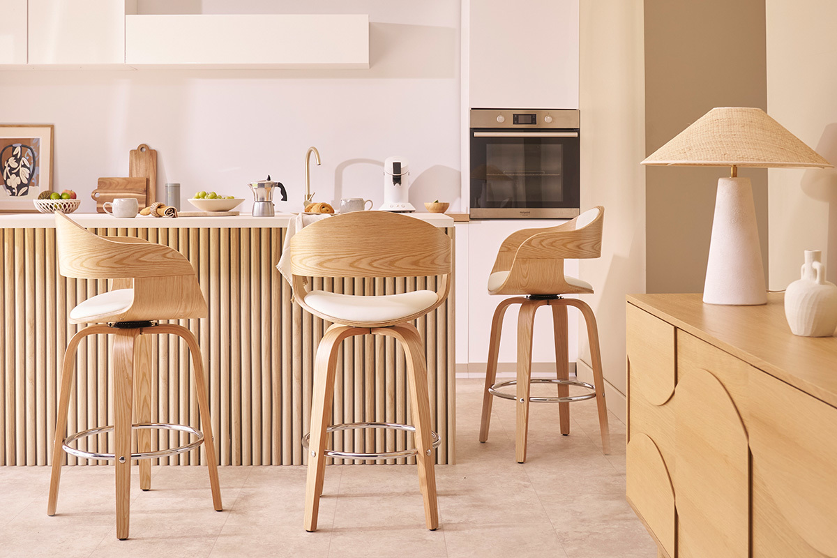 Sgabello da bar design girevole bianco e legno chiaro H67 cm GAO