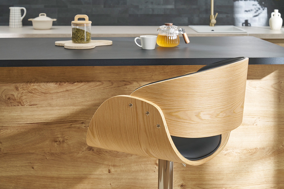 Sgabello da bar design nero e legno chiaro BENT