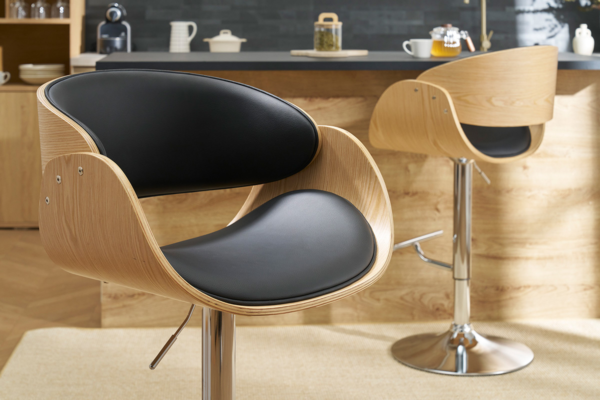 Sgabello da bar design nero e legno chiaro BENT