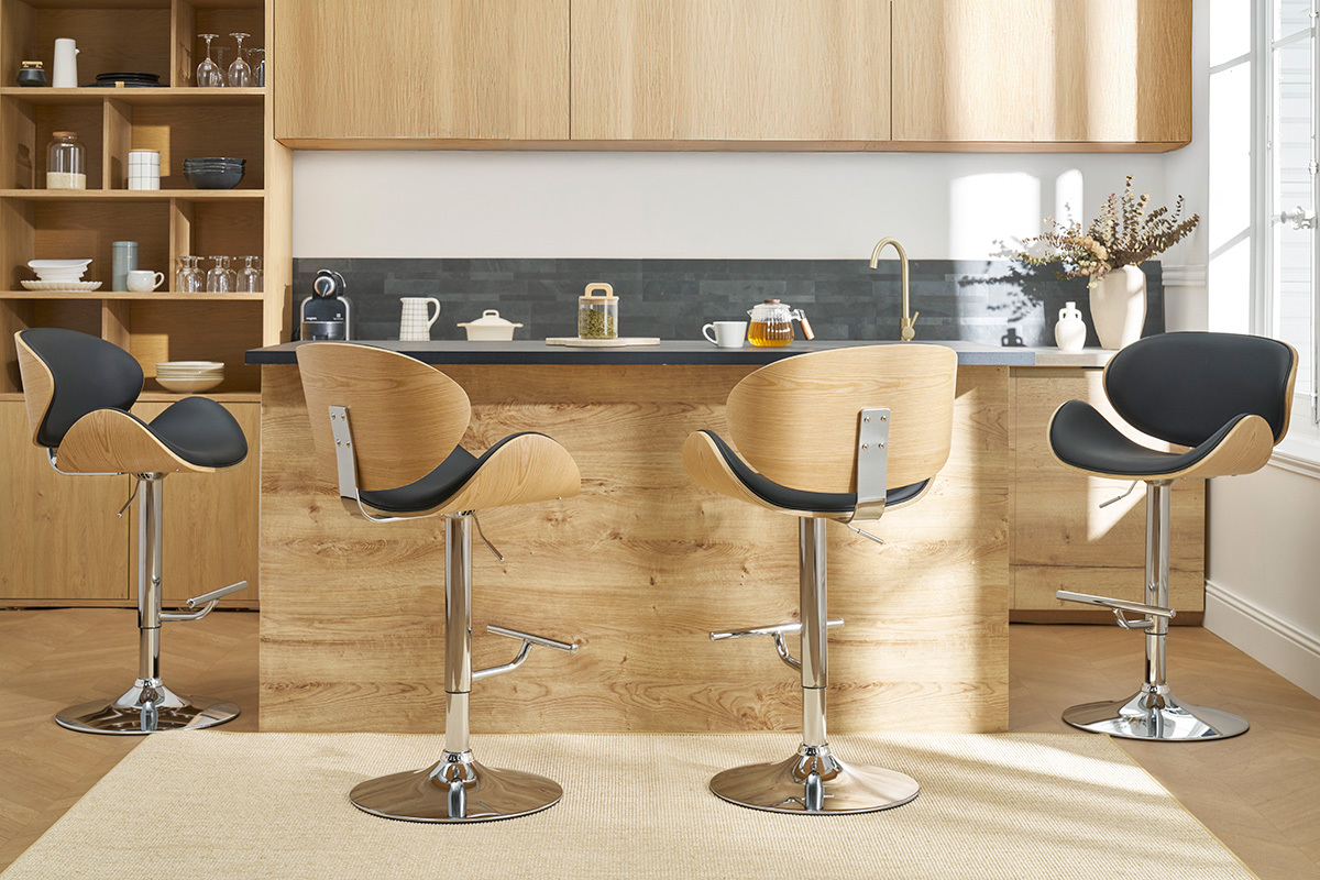 Sgabello da bar design nero e legno chiaro WALNUT