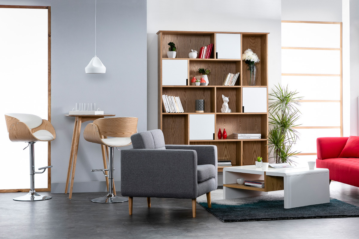 Sgabello da bar design regolabile bianco e legno chiaro BENT