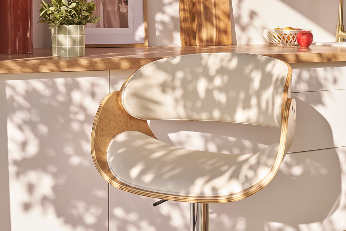 Sgabello da bar design regolabile bianco e legno chiaro BENT