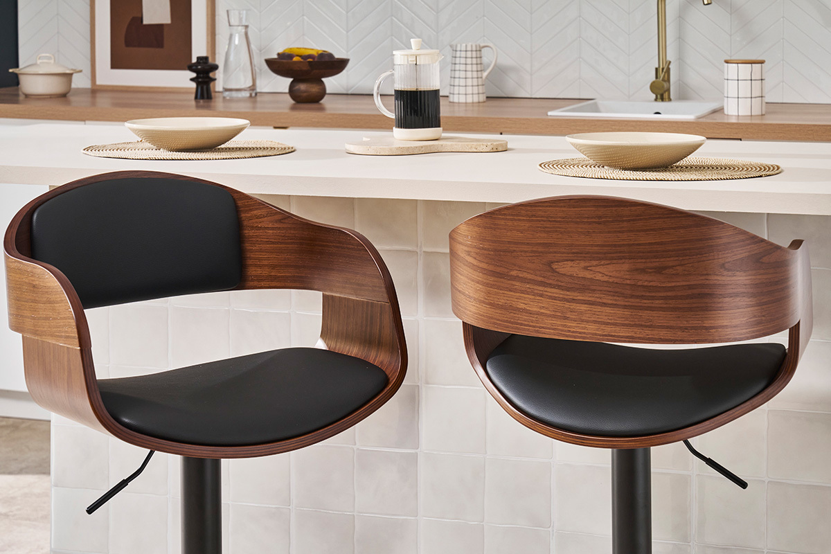 Sgabello da bar design regolabile nero e legno scuro EUSTACHE