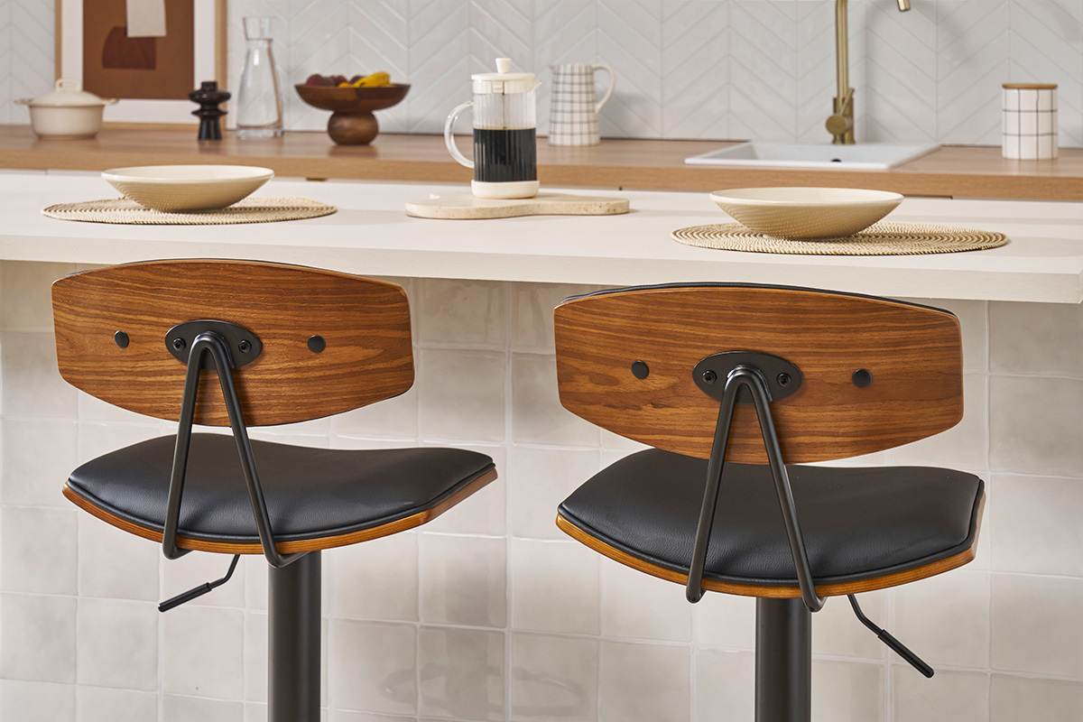 Sgabello da bar design regolabile nero e legno scuro VASCO