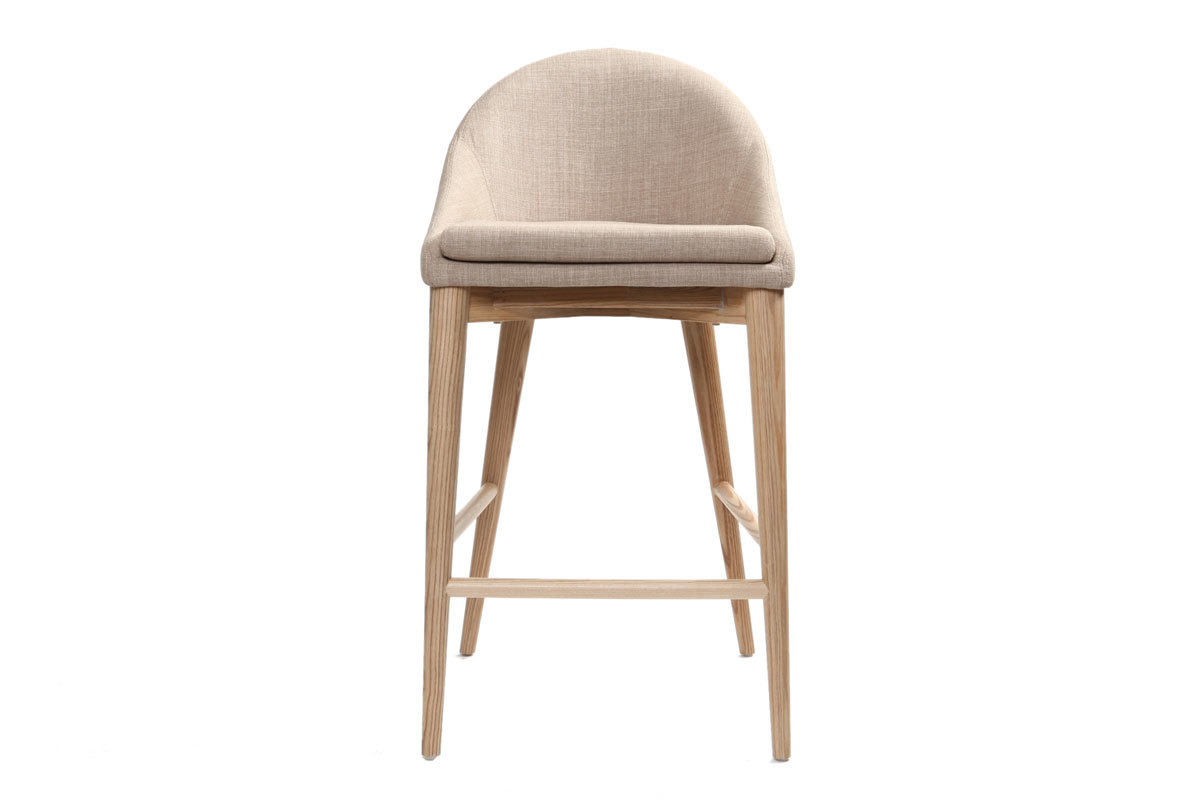 Sgabello da bar di design in tessuto beige e legno chiaro H66.5 cm DALIA