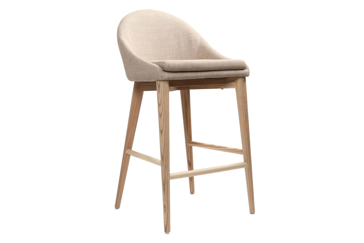 Sgabello da bar di design in tessuto beige e legno chiaro H66.5 cm DALIA