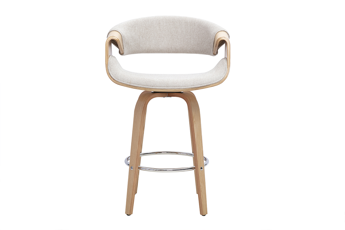 Tabouret de bar ARAMIS beige, seduta girevole, gambe in legno chiaro e poggiapiedi in acciaio cromato, vista frontale.