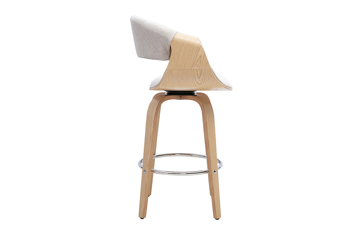 Sgabello da bar ARAMIS in tessuto beige, vista di profilo con gambe in legno chiaro e poggiapiedi in acciaio cromato.