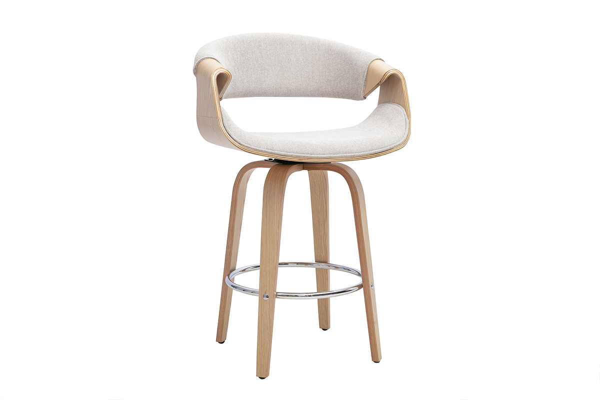 Sgabello da bar dal design in tessuto beige con schienale, gambe in legno chiaro e poggiapiedi in acciaio cromato