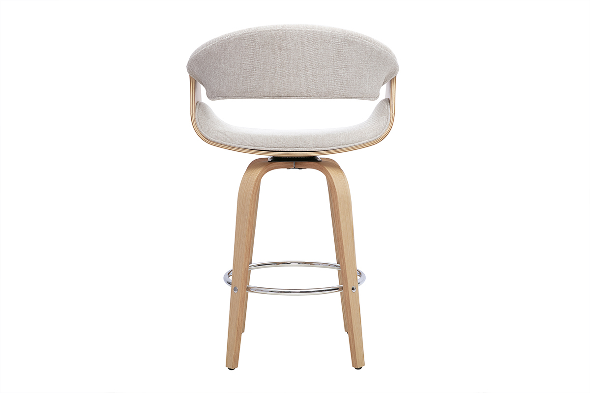 Sgabello da bar ARAMIS in tessuto beige, vista posteriore, gambe in legno chiaro e poggiapiedi in acciaio cromato.