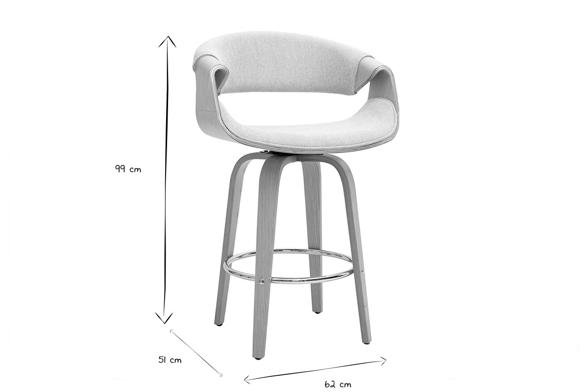 Dimensioni dello sgabello da bar ARAMIS in bianco e nero: H99 cm, P51 cm, L62 cm.