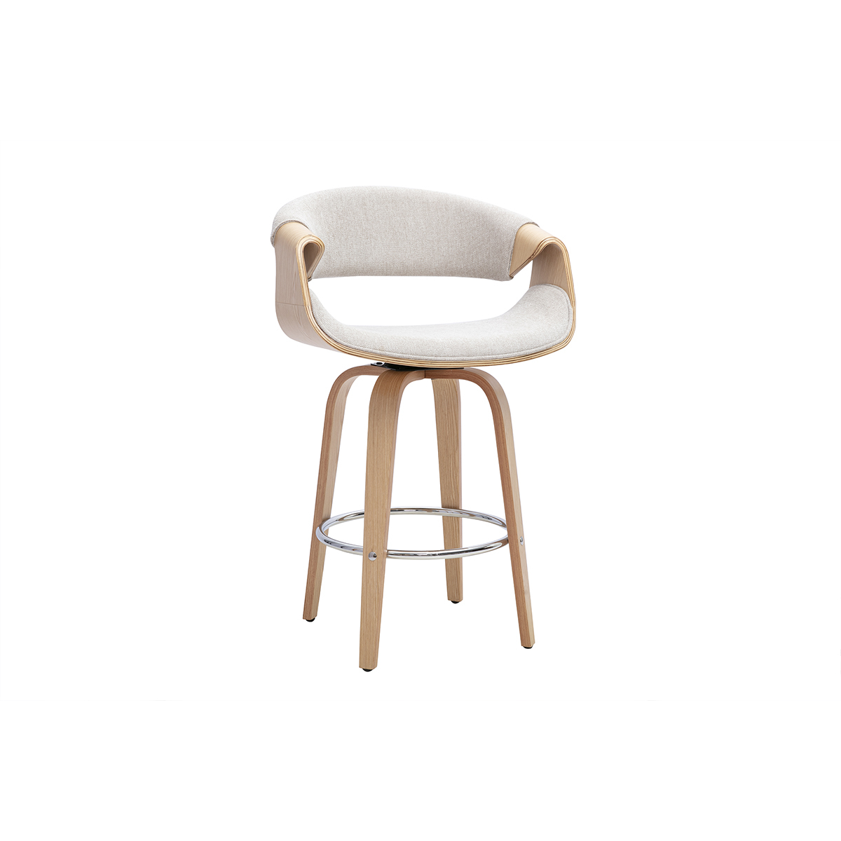 Sgabello da bar di design in tessuto effetto velluto testurizzato beige, legno chiaro e acciaio cromato H68 cm ARAMIS