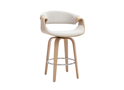 Sgabello da bar di design in tessuto effetto velluto testurizzato beige, legno chiaro e acciaio cromato H68 cm ARAMIS