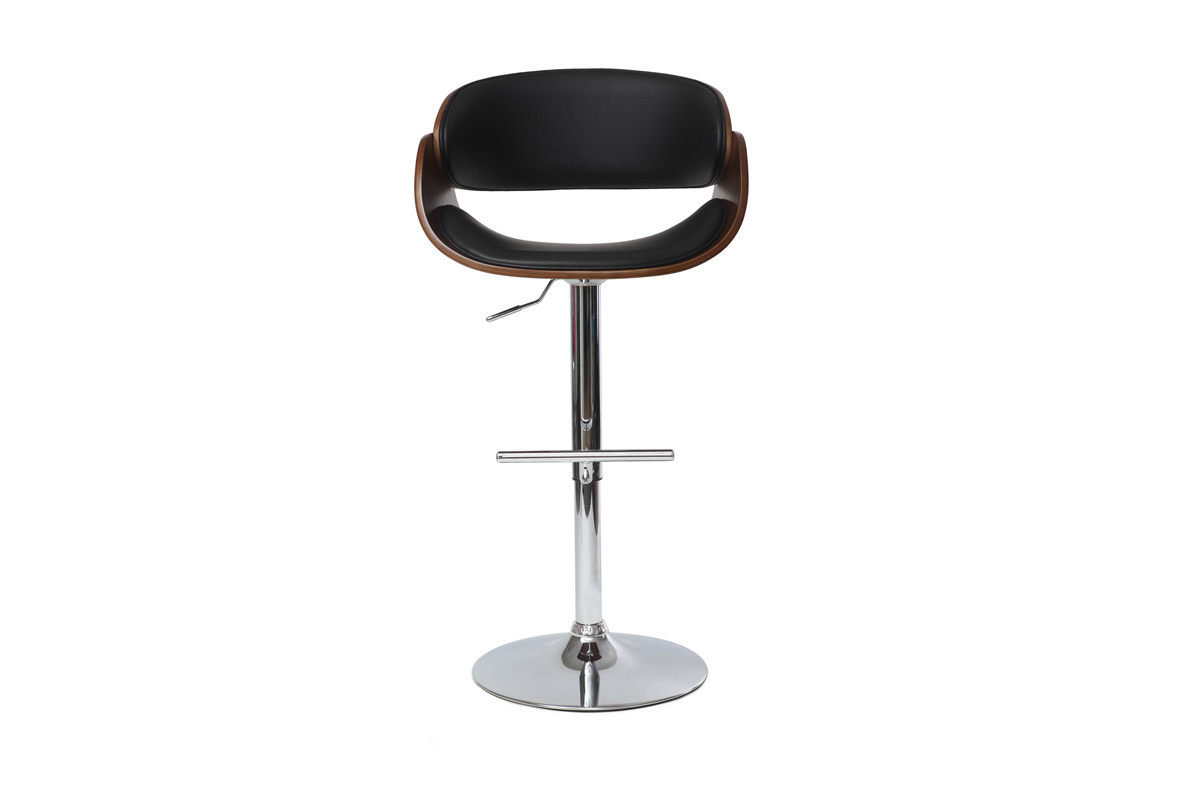 Sgabello da bar di design nero e legno scuro, vista frontale, regolabile in altezza e girevole a 360�.