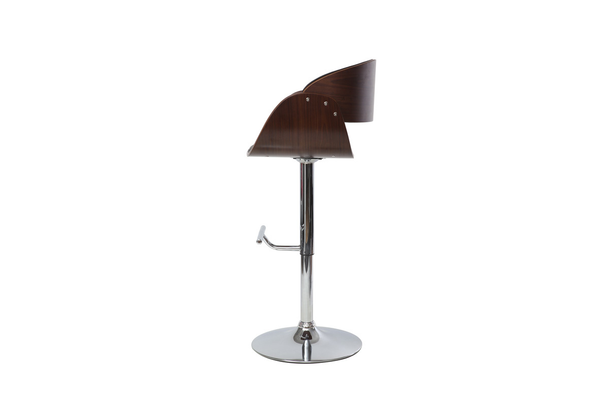 Sgabello da bar di design regolabile nero e legno scuro, vista di profilo, con struttura in metallo cromato.