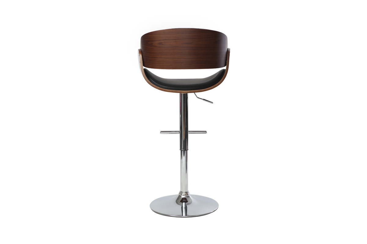 Sgabello da bar regolabile nero e legno scuro BENT, vista posteriore, con struttura in metallo cromato.