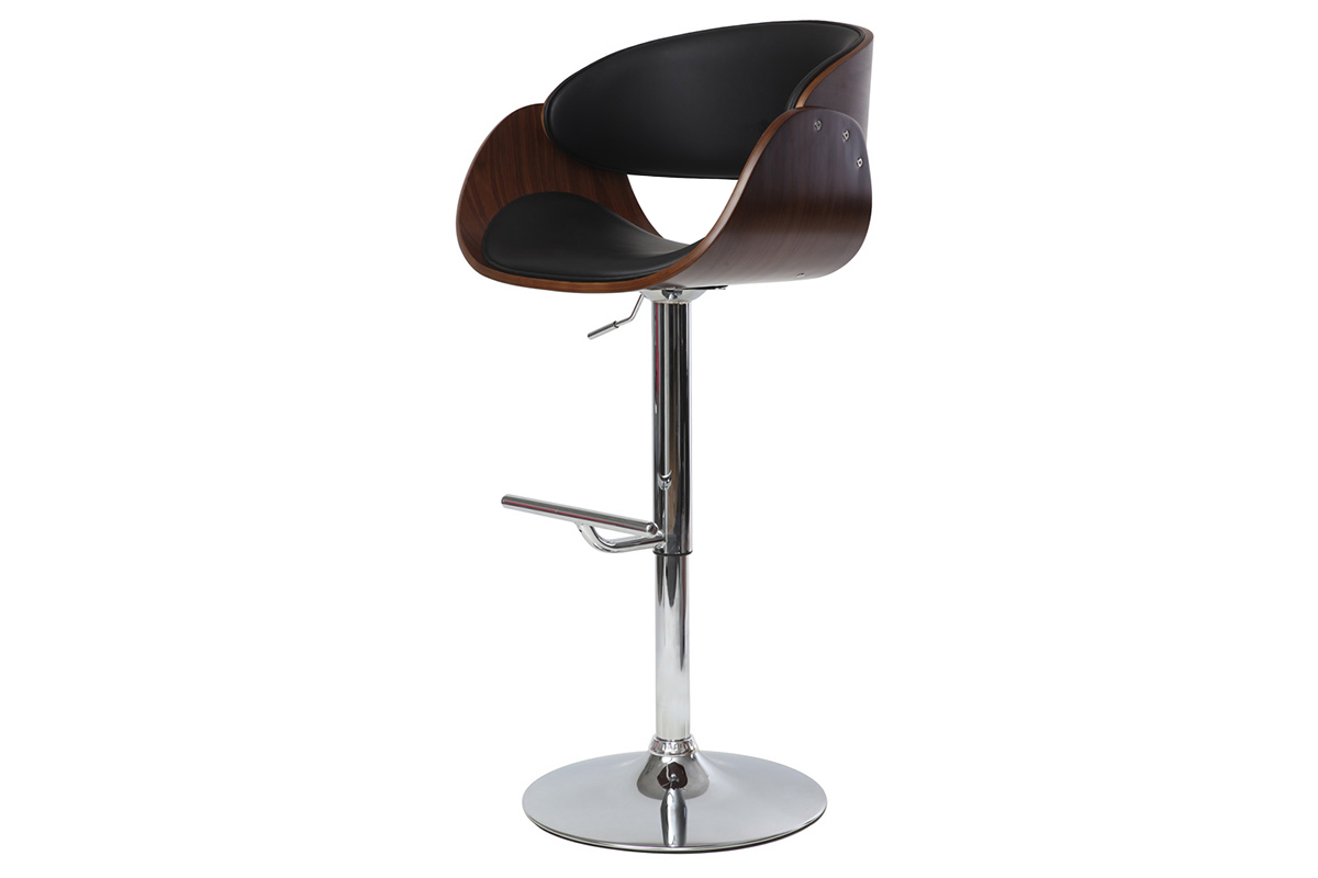 Sgabello da bar di design regolabile nero e legno scuro, vista a 3/4 con seduta in poliuretano.