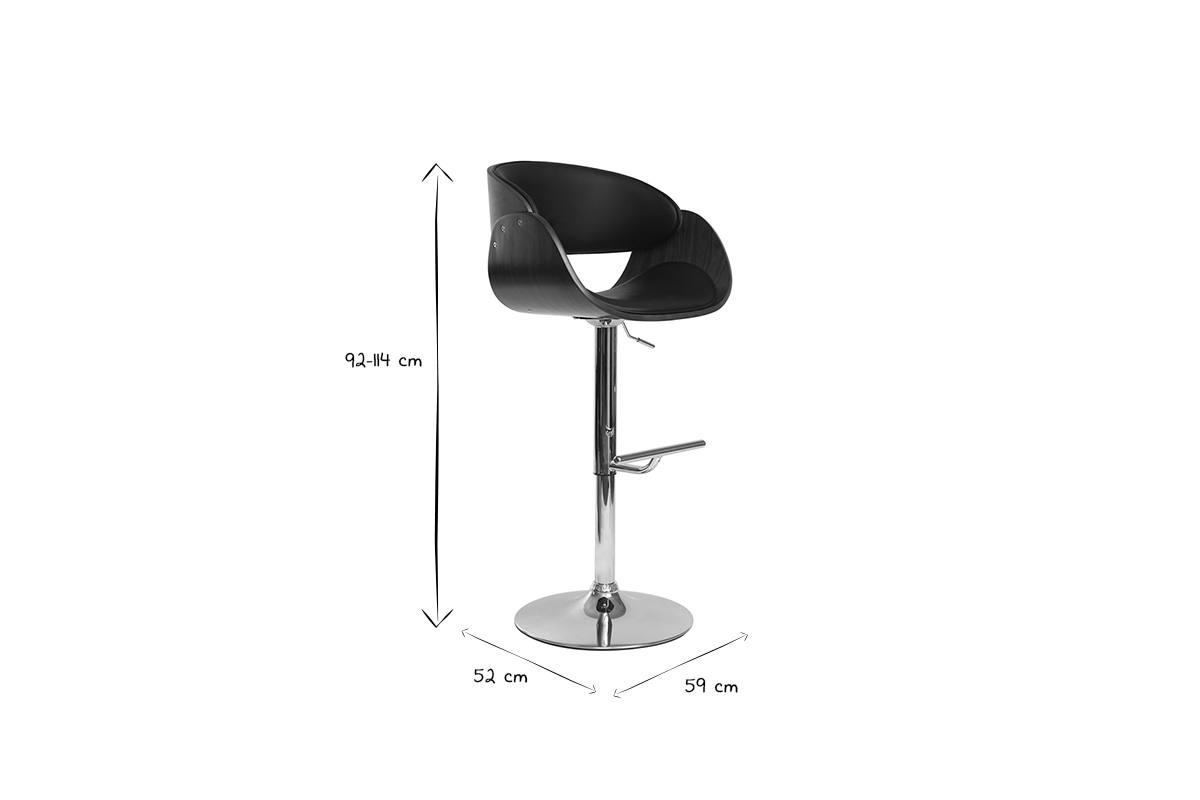 Dimensioni dello sgabello da bar BENT: altezza 92-114 cm, larghezza 52 cm, profondit� 59 cm in bianco e nero.