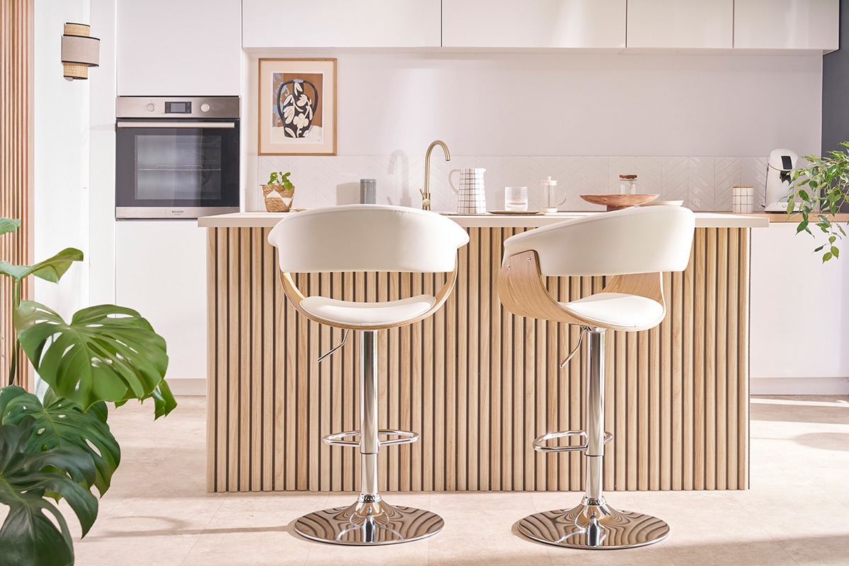  Sgabello da bar di design regolabile OKTAV bianco e legno chiaro