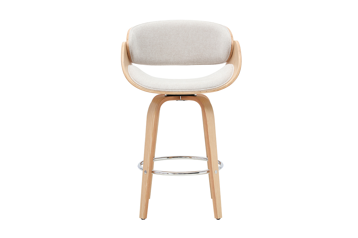 Tabouret de bar girevole in tessuto beige e legno chiaro, vista frontale.