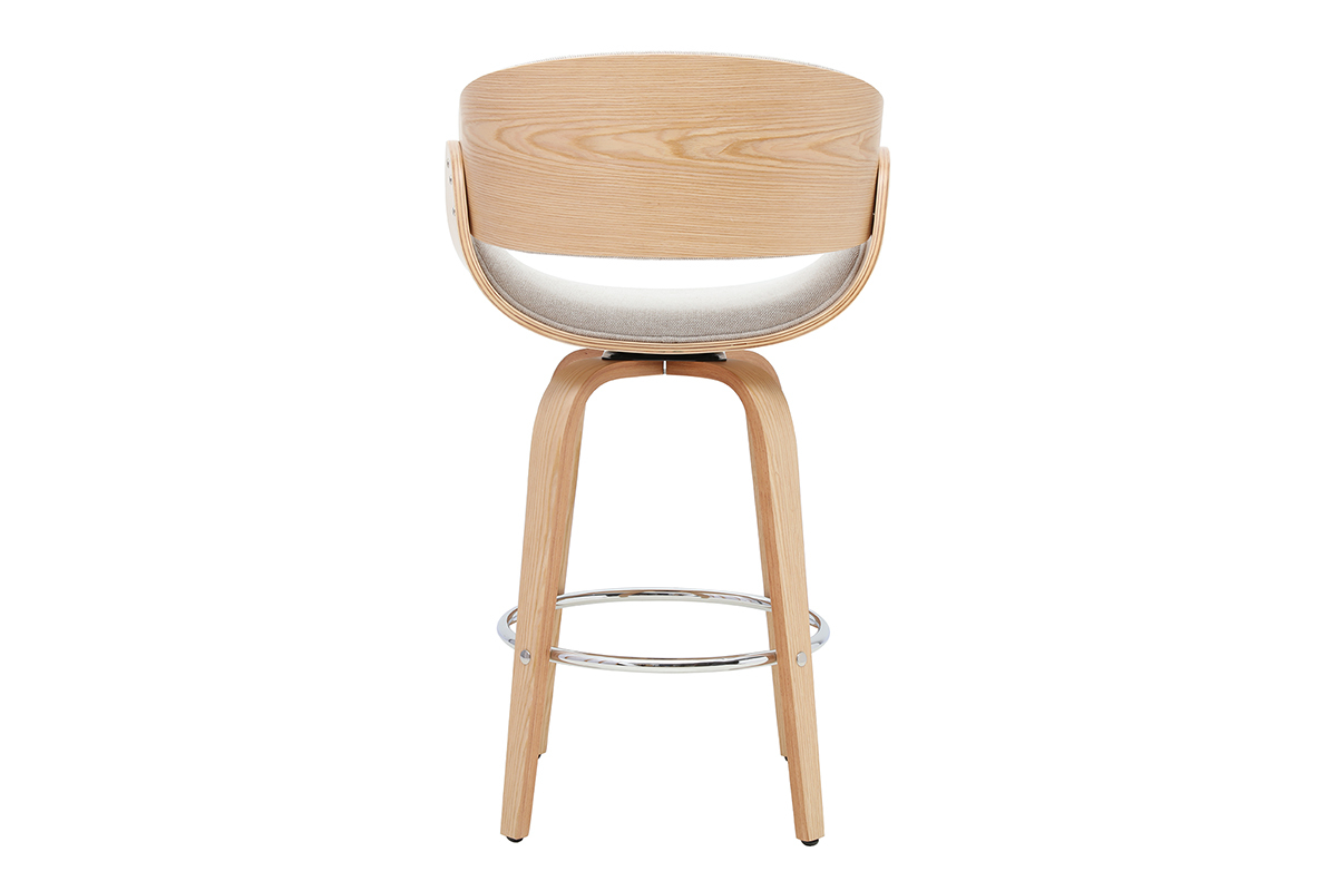 Sgabello da bar girevole in tessuto beige e legno chiaro vista da dietro.