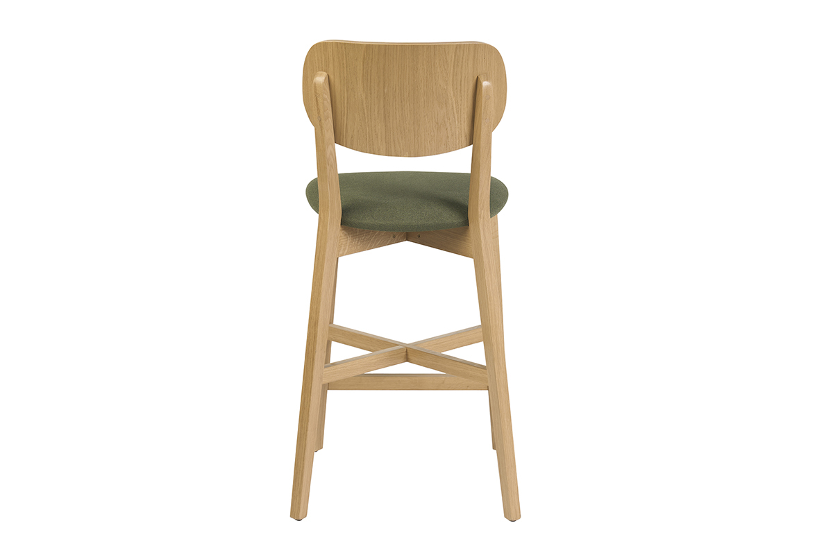Sgabello da bar LUCIA in legno chiaro e tessuto verde kaki, vista posteriore, altezza 65 cm.