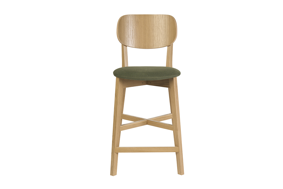 sgabello da bar in legno chiaro e tessuto verde kaki, vista frontale, altezza 65 cm, stile moderno.