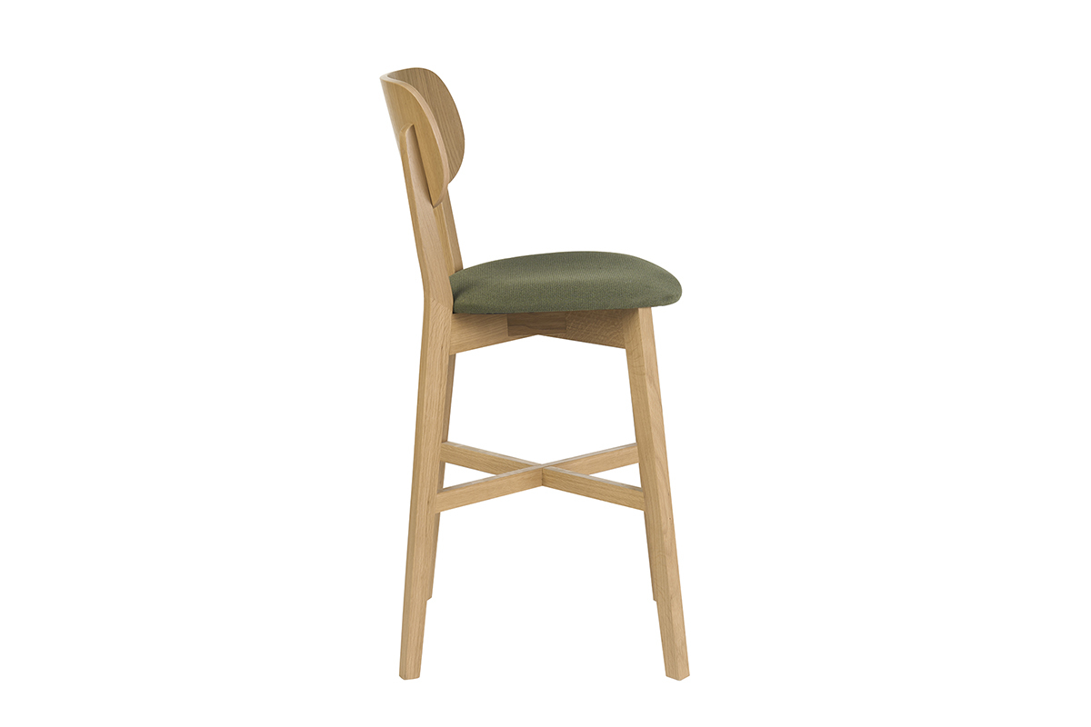 Sgabello da bar H65 cm in legno chiaro di quercia e tessuto verde kaki, vista di profilo.