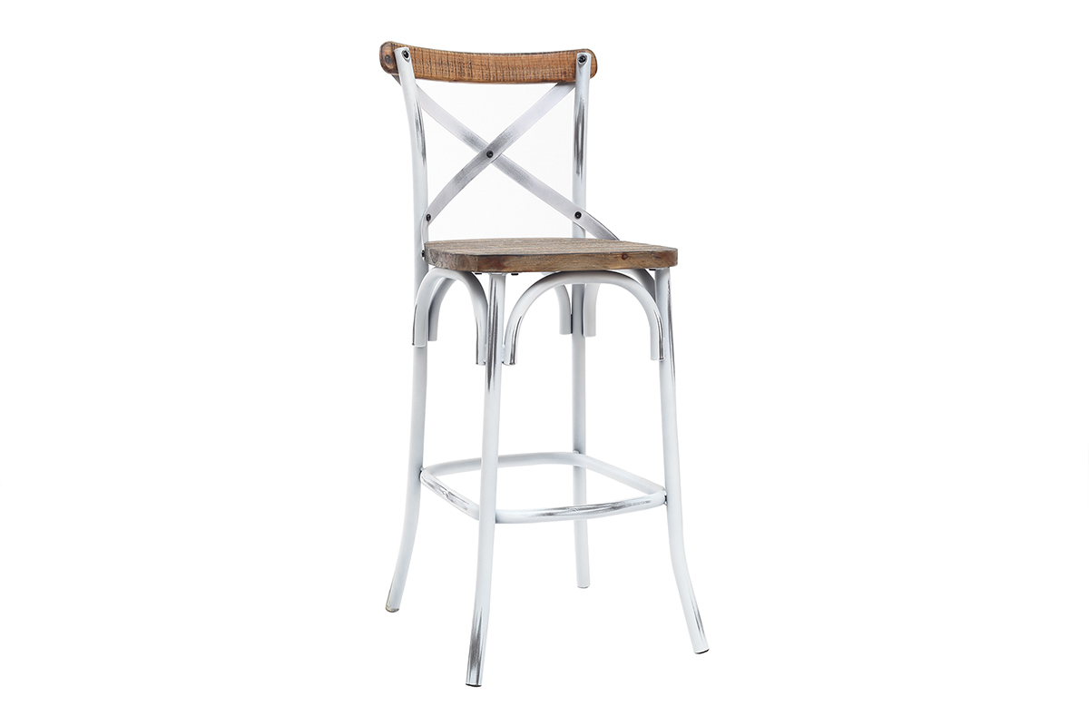 Sgabello da bar industriale in legno e metallo invecchiato bianco 75 cm JAKE