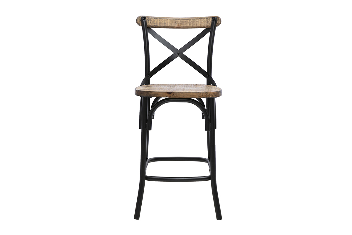 Sgabello da bar industriale JAKE in legno e metallo, vista frontale, altezza 65 cm