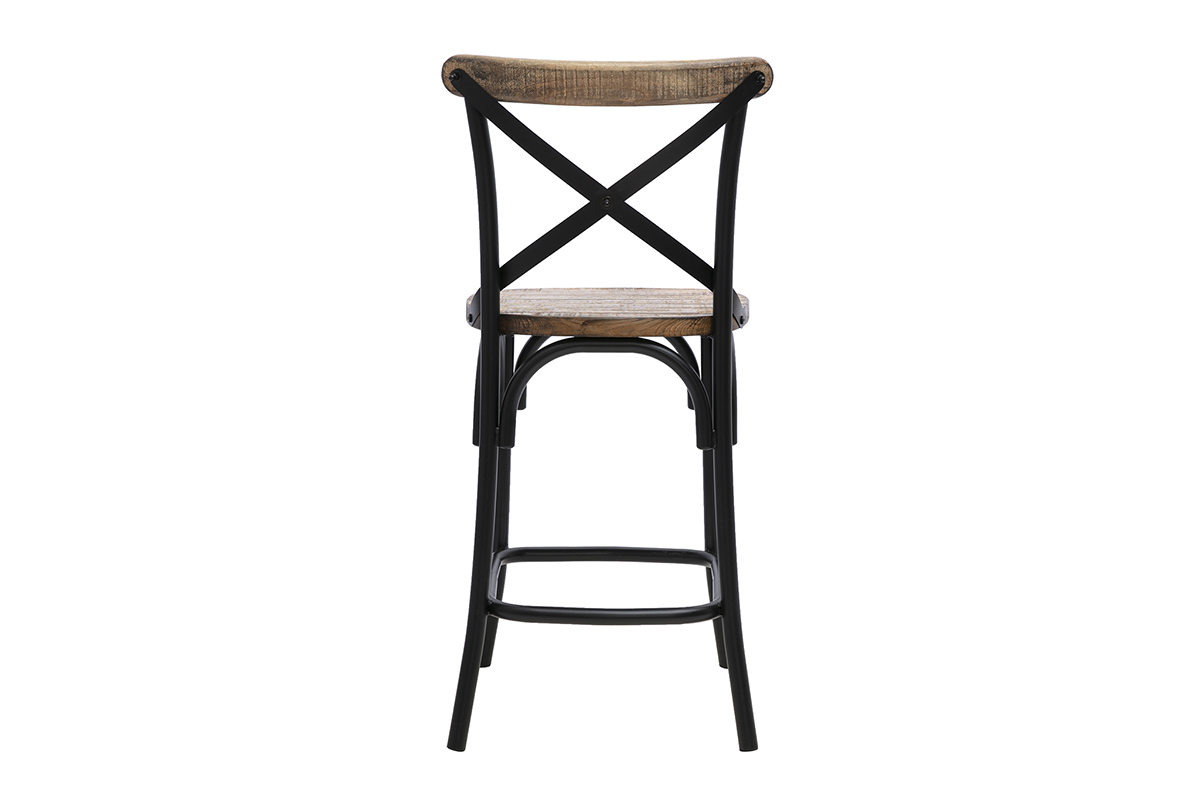 Sgabello da bar industriale in legno e metallo nero, vista posteriore, altezza 65 cm.