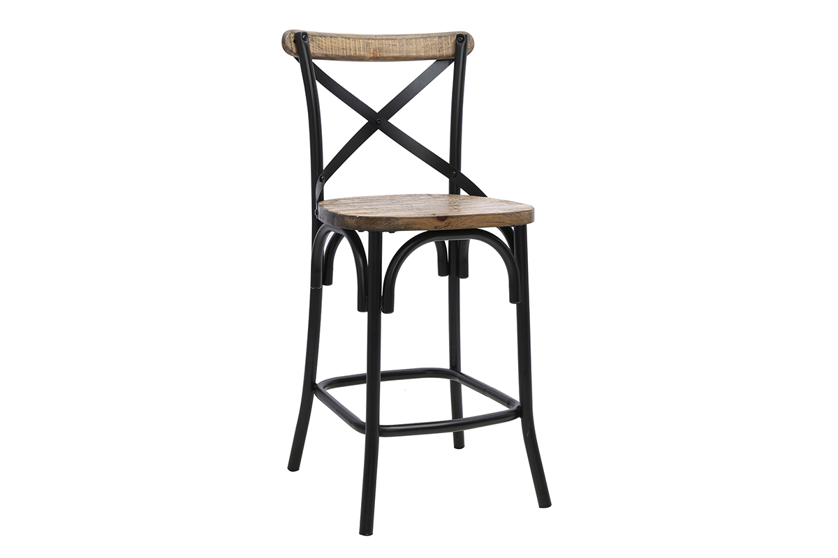 Sgabello da bar industriale JAKE in legno e metallo nero, vista a 3/4, altezza di 65 cm
