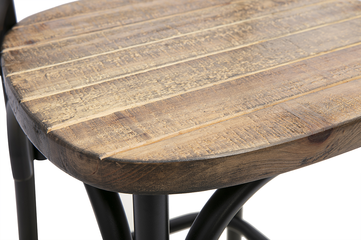 Dettaglio dello sgabello da bar JAKE, seduta in legno vintage e base in metallo nero