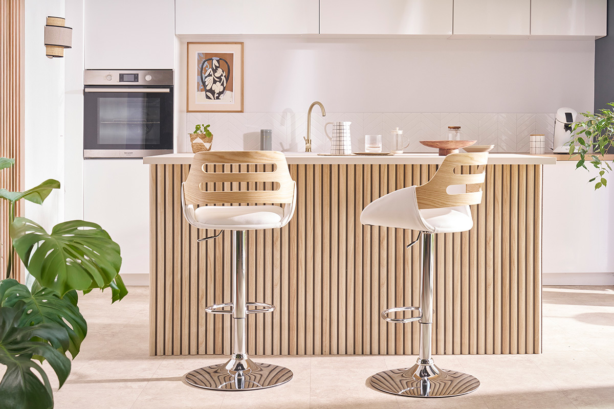 Sgabello da bar regolabile design bianco e rovere PERNIK