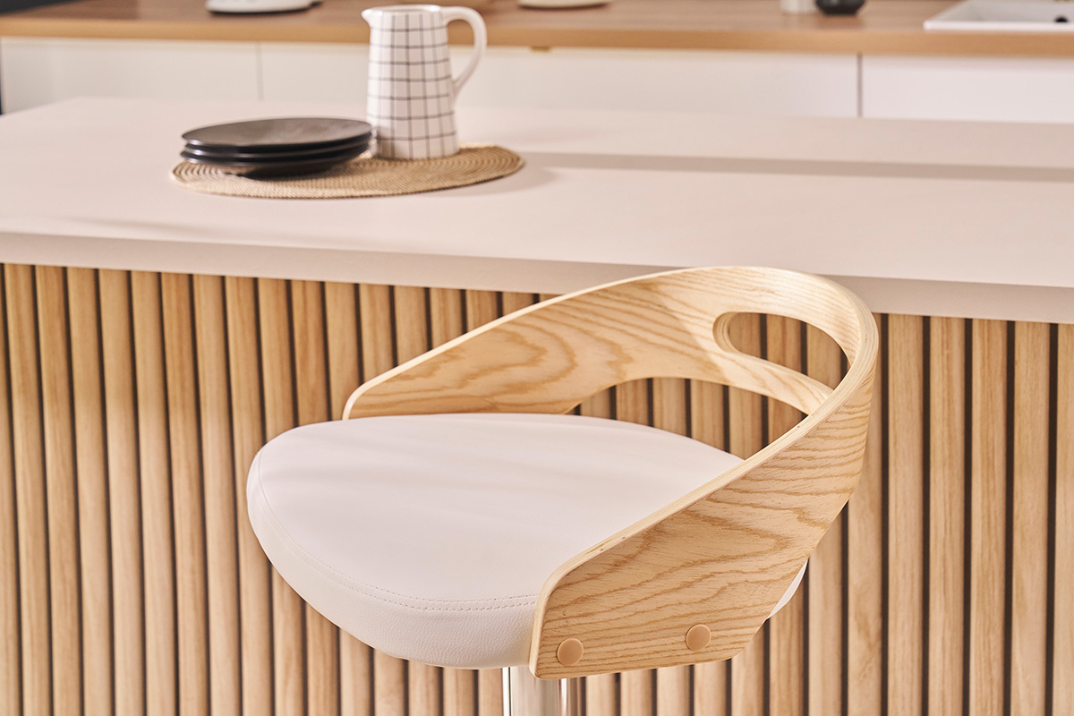 Sgabello da bar regolabile design legno chiaro e bianco MANO
