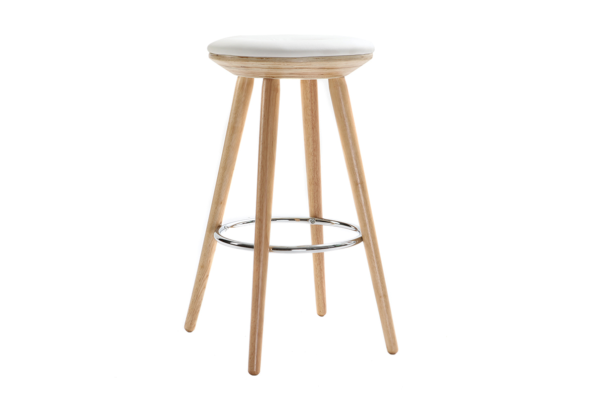 Sgabello da bar scandinavo 65cm PU bianco piedi legno chiaro NORDECO