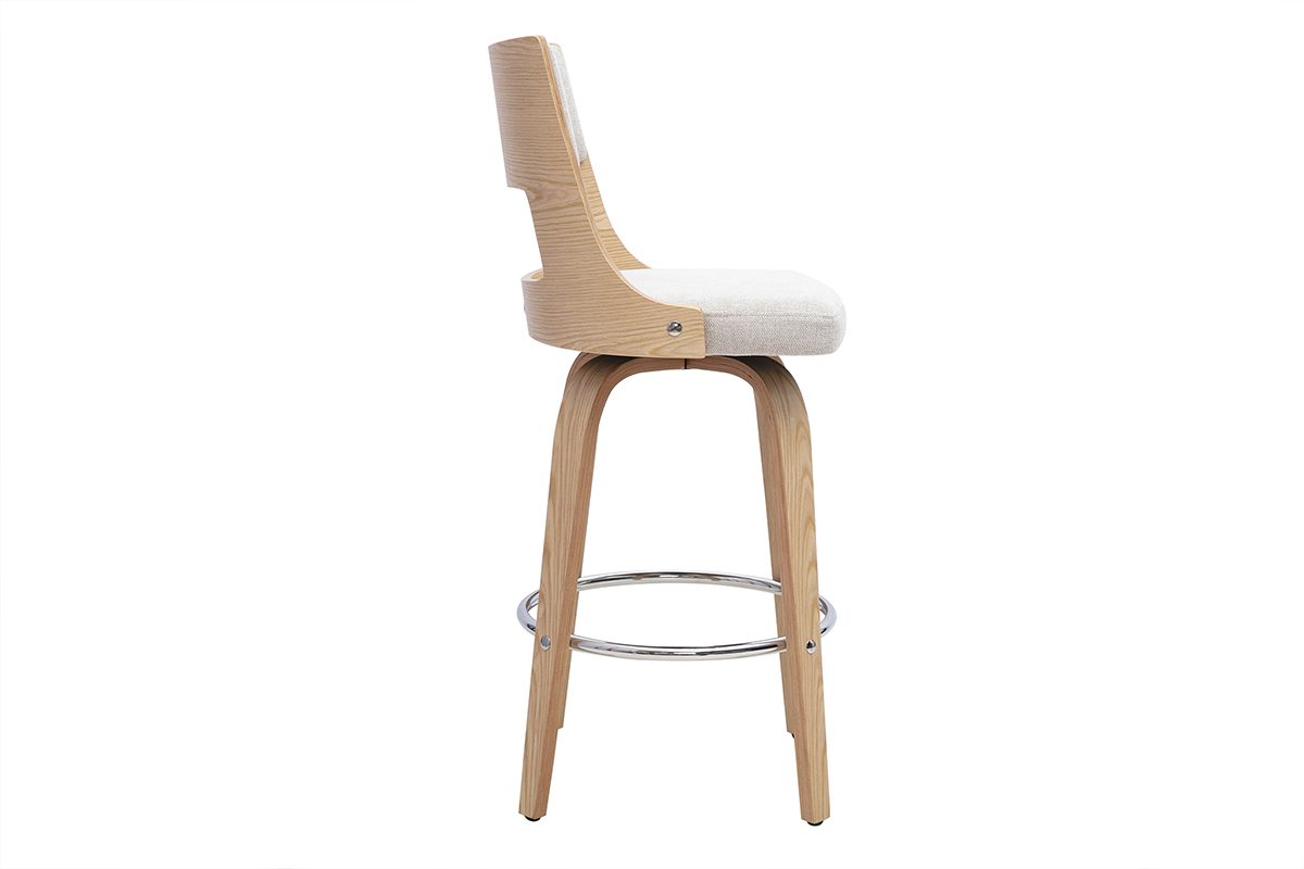 Sgabello da bar scandinavo beige, vista di profilo, con base in legno chiaro e cuscino in tessuto effetto velluto.