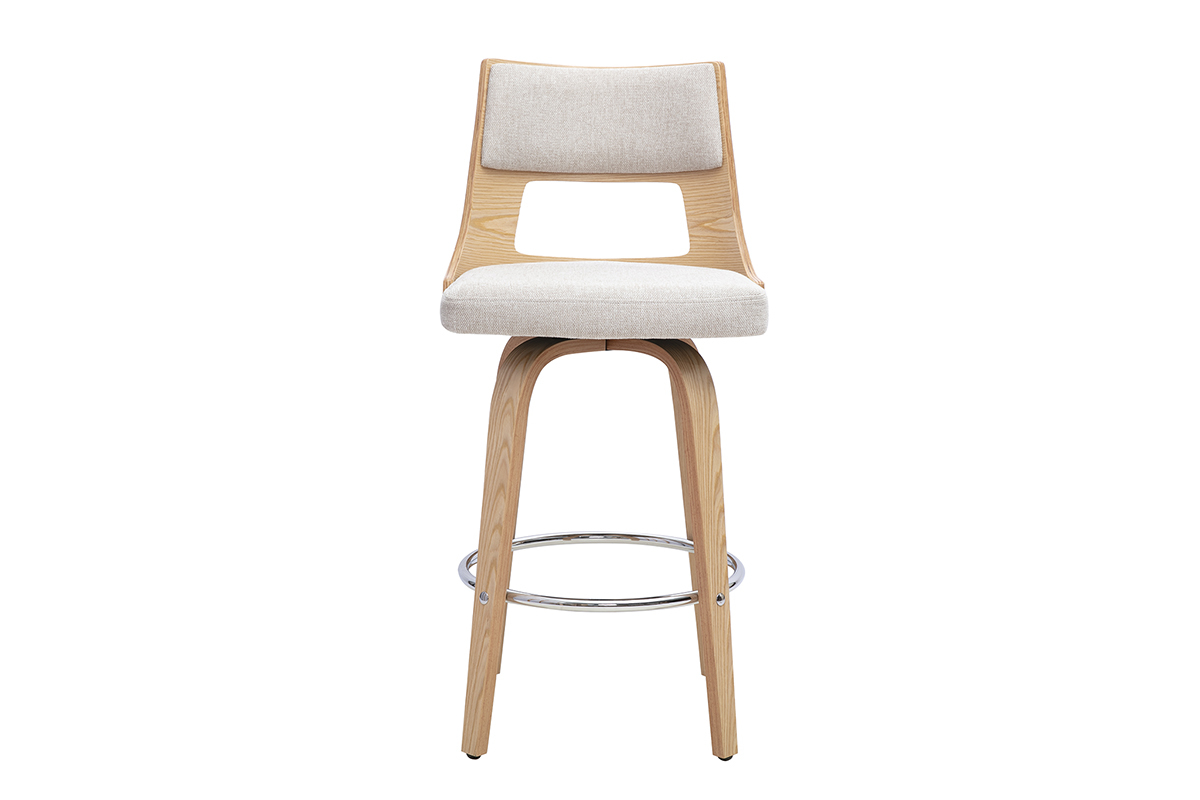 Sgabello da bar scandinavo girevole in tessuto beige e legno chiaro, vista frontale.