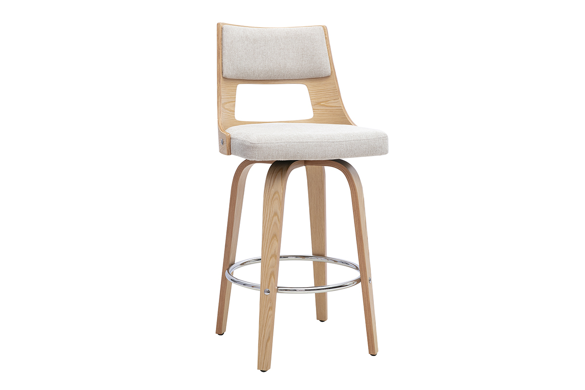 Sgabello da bar scandinavo girevole in tessuto beige e legno chiaro, vista a 3/4.