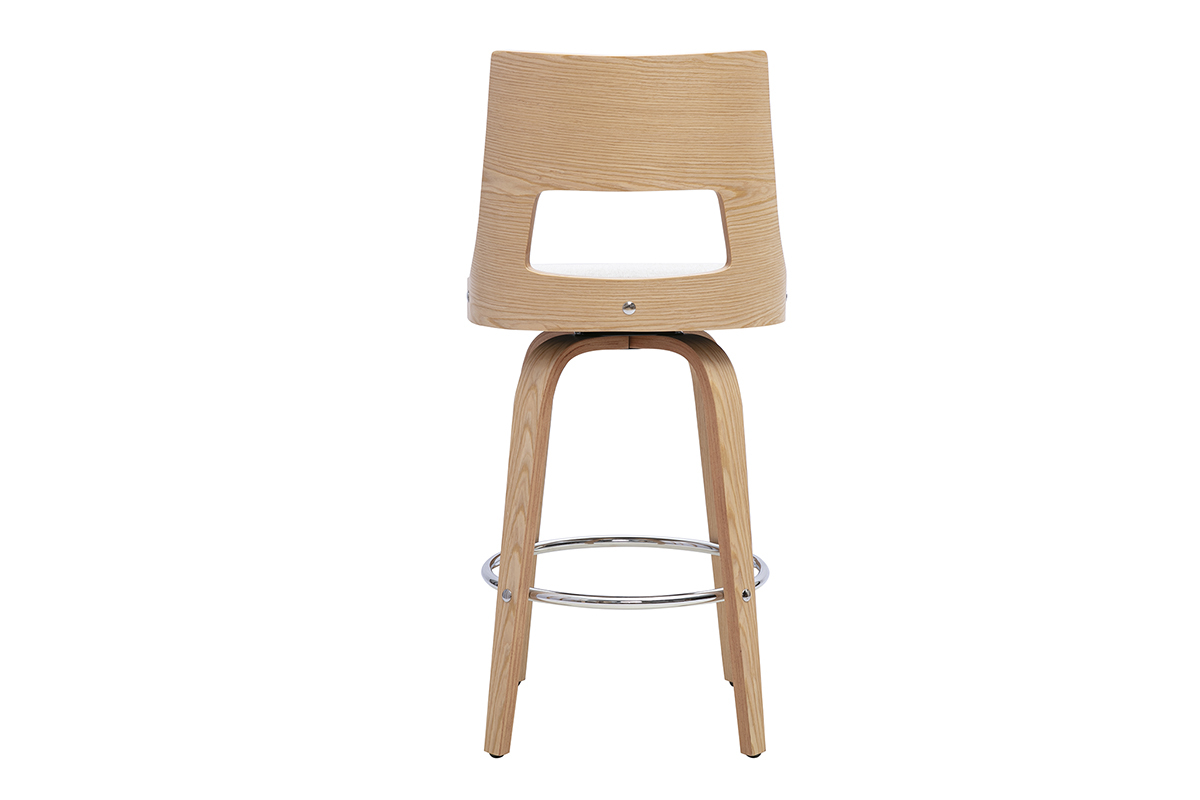 Tabouret de bar scandinavo girevole, vista posteriore, in tessuto beige e legno chiaro.