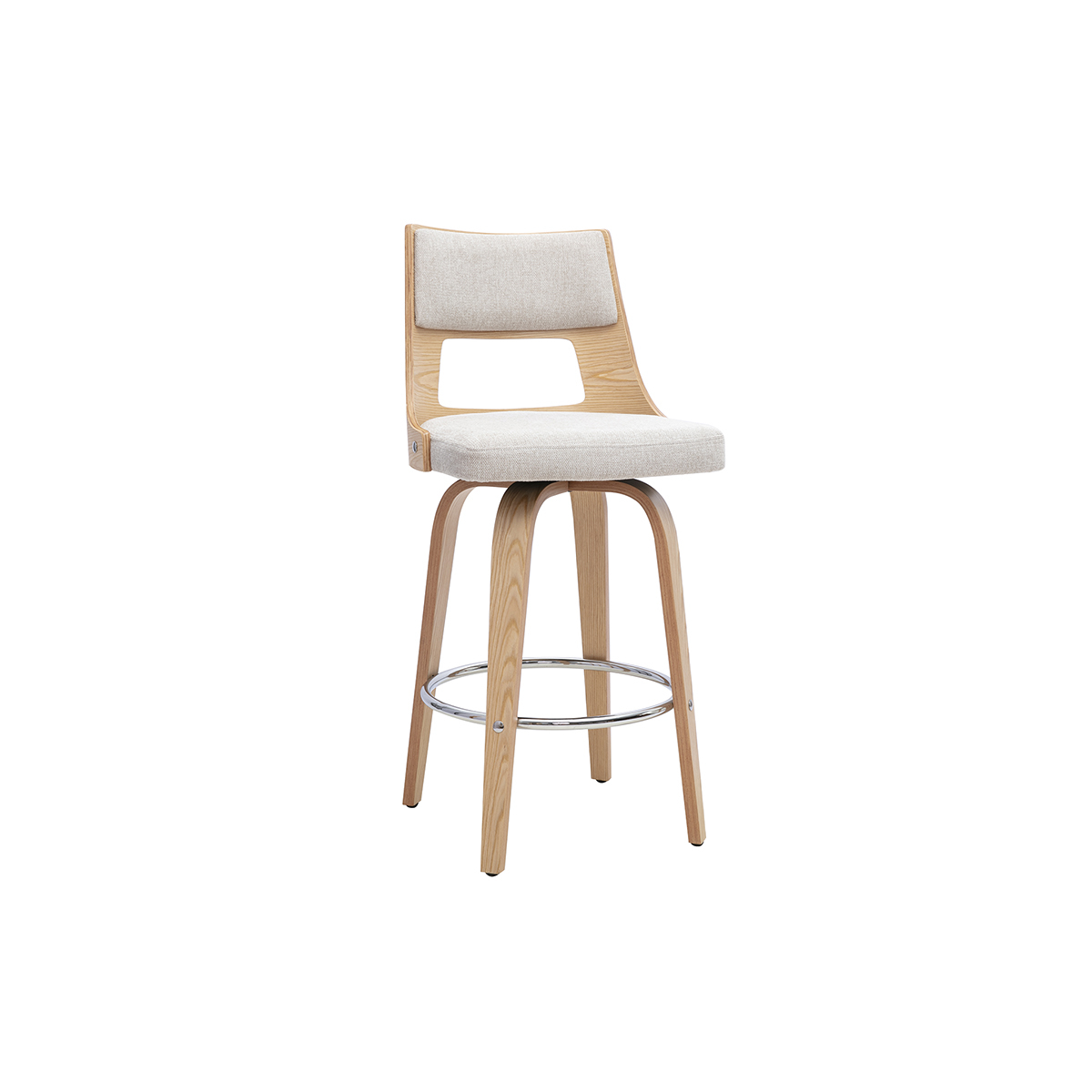 sgabello da bar scandinavo girevole in tessuto effetto velluto testurizzato beige e legno chiaro H69 cm GARBO