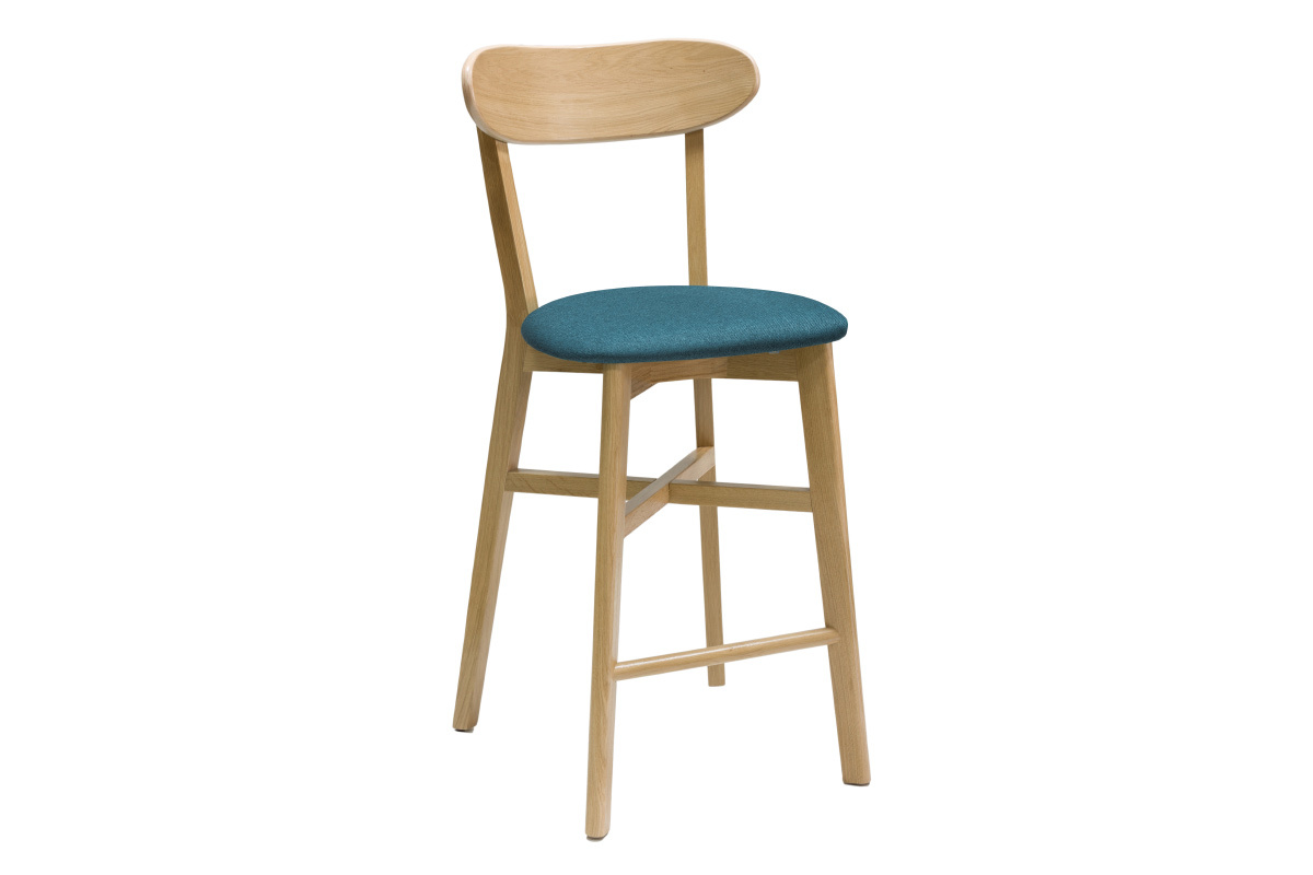 Sgabello da bar vintage rovere e tessuto blu anatra H65 cm DOVE