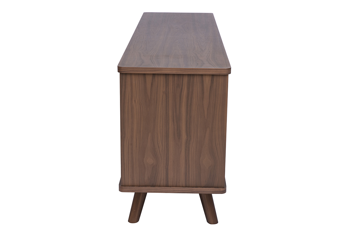 Credenza scandinava in legno di noce scuro, vista di profilo, 2 ante e 3 cassetti, L180 cm.