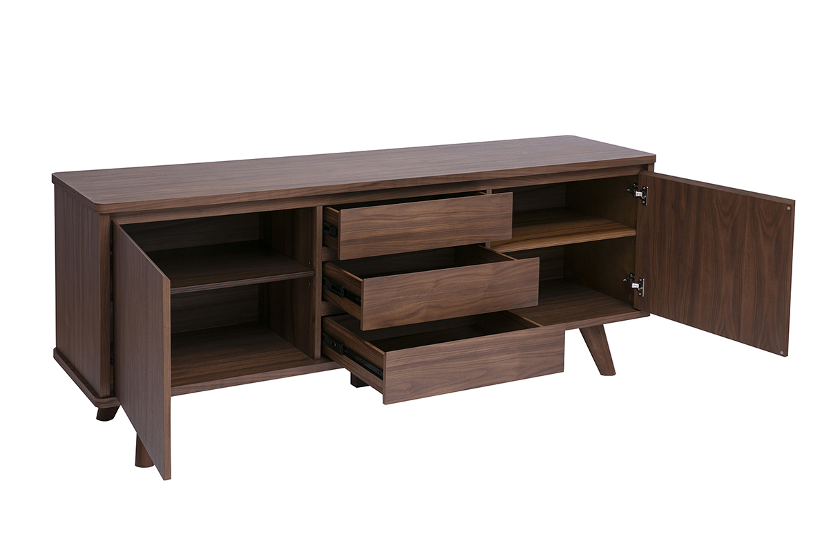 Credenza scandinava in legno di noce scuro con 2 porte e 3 cassetti, vista a 3/4, interno visibile.