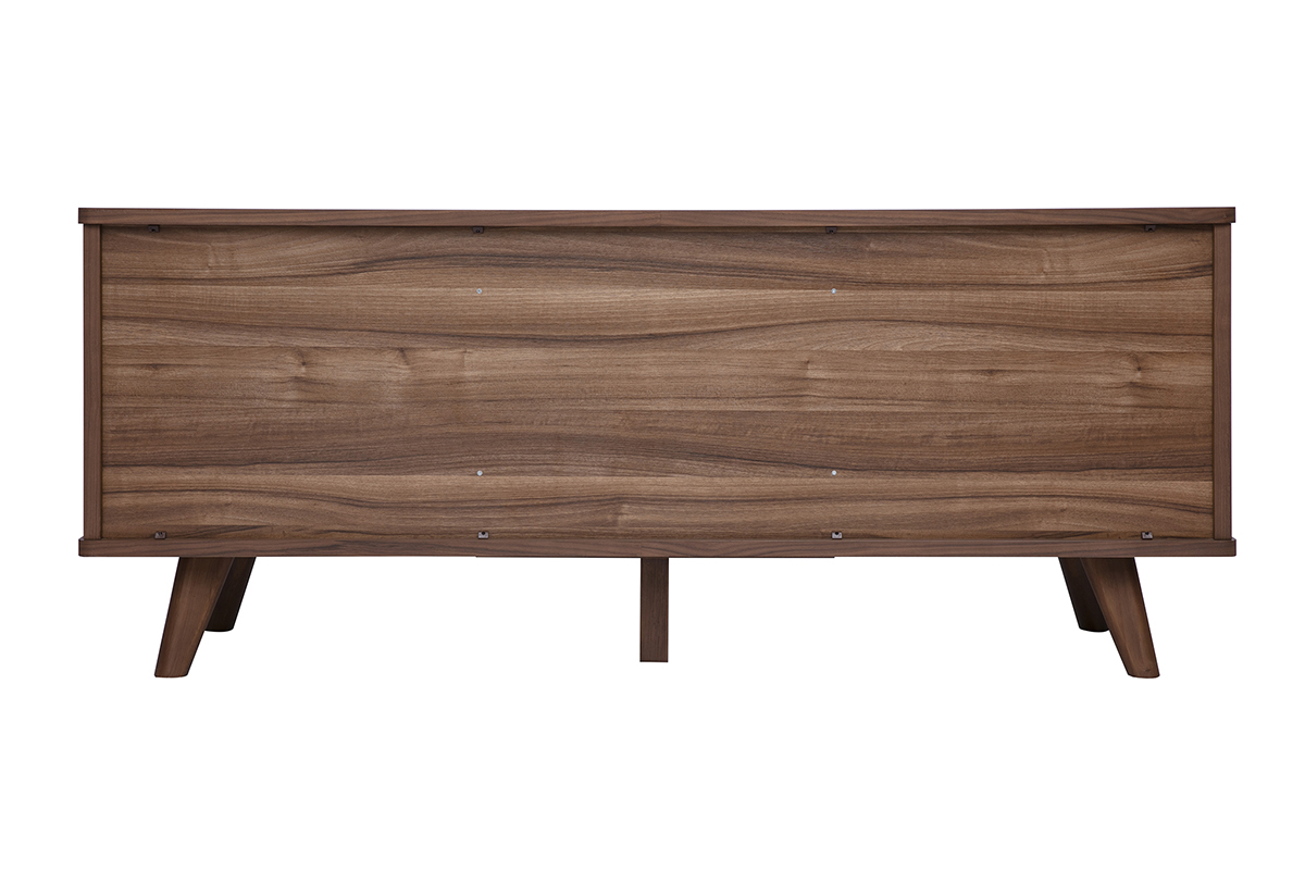 Credenza scandinava in legno scuro noce 2 ante 3 cassetti vista posteriore