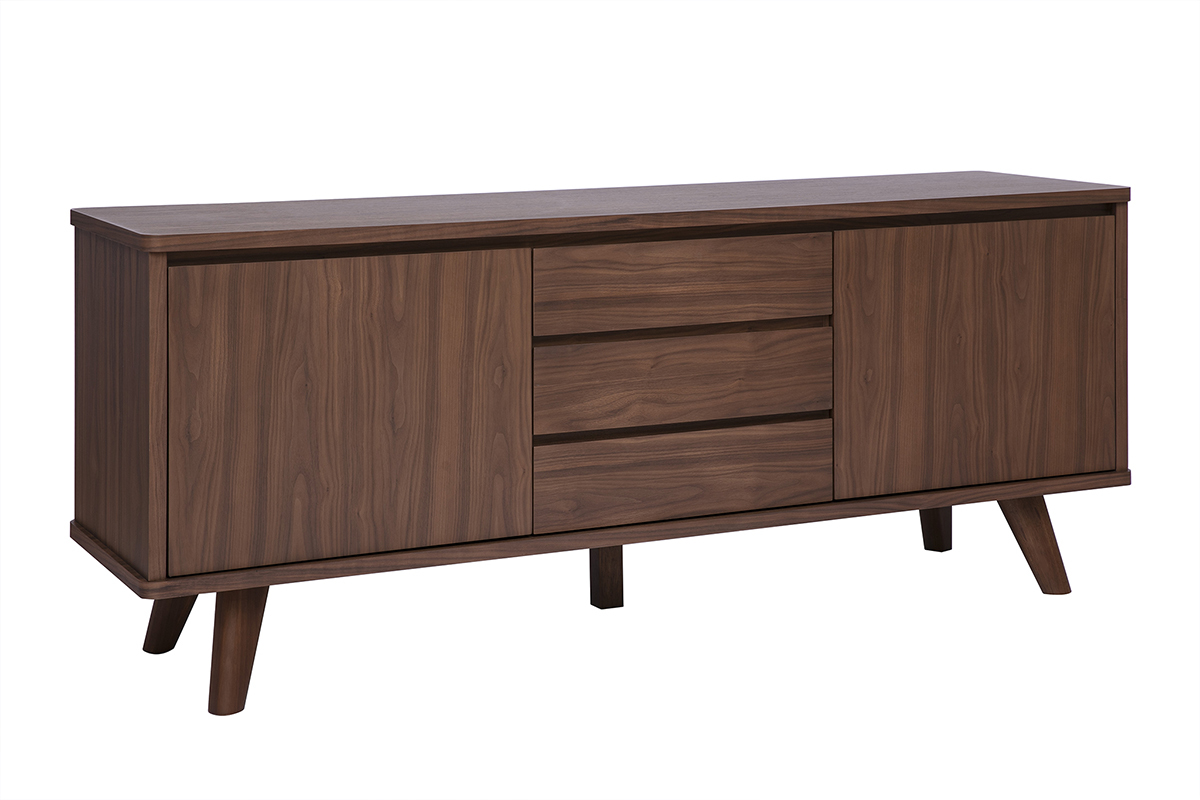 Credenza scandinava in legno di noce scuro con 2 ante e 3 cassetti, vista a 3/4.