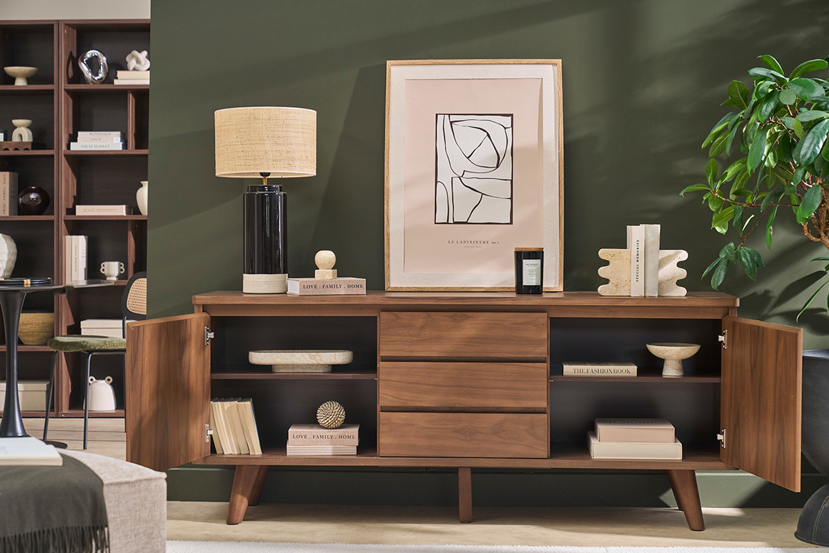 Sideboard scandinavo in legno scuro noce 2 porte 3 cassetti L180 cm FIFTIES