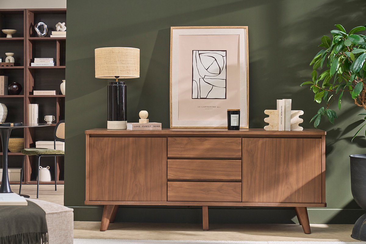 Sideboard scandinavo in legno scuro noce 2 porte 3 cassetti L180 cm FIFTIES